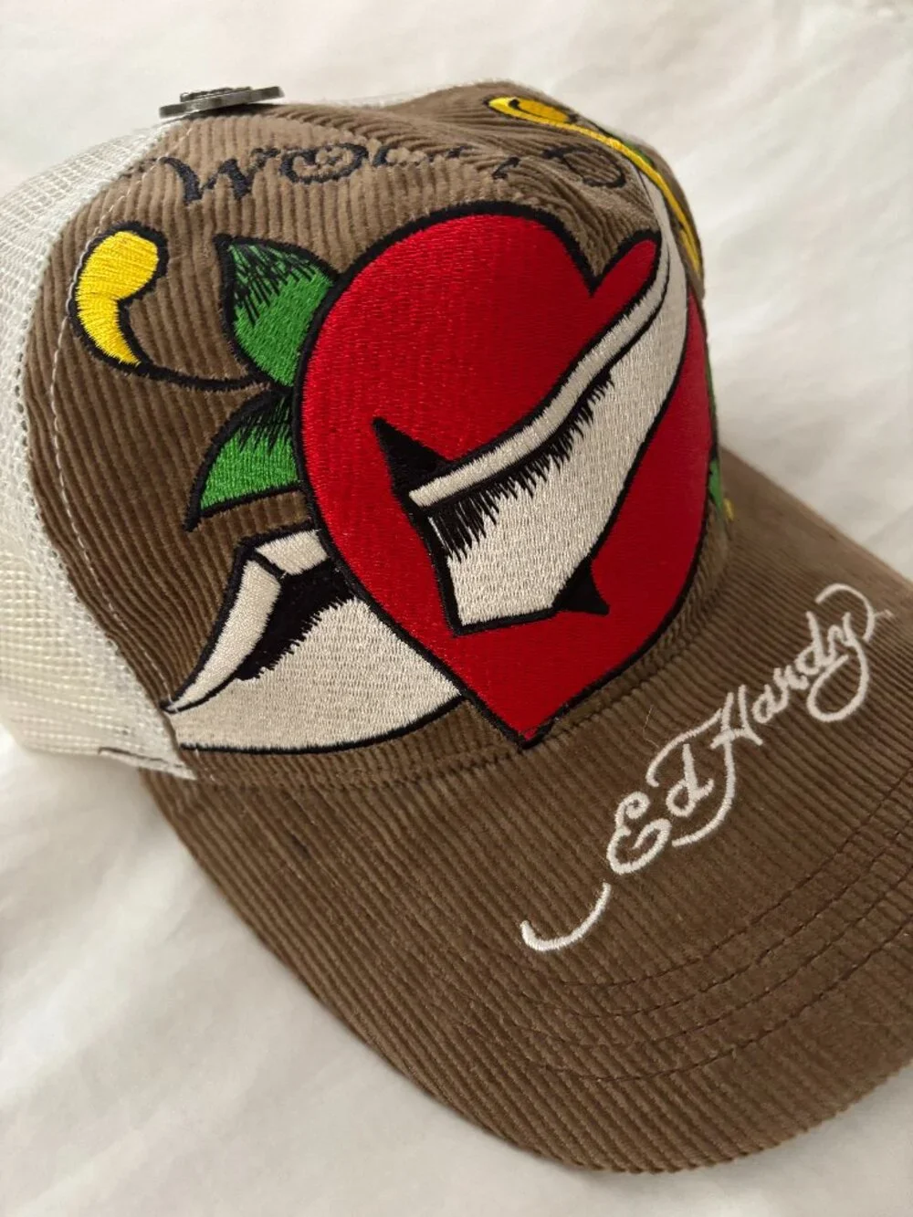 Ed Hardy Corduroy Trucker Hat w/Dagger Thru Heart - Never Worn, Great Condition